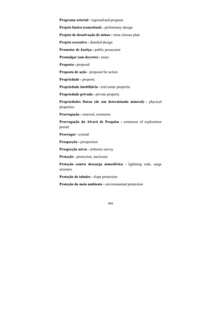 404
Programa setorial - regionalized program
Projeto básico (conceitual) - preliminary design
Projeto de desativação de minas - mine closure plan
Projeto executivo - detailed design
Promotor de Justiça - public prosecutor
Promulgar (um decreto) - enact
Proposta - proposal
Proposta de ação - proposal for action
Propriedade - property
Propriedade imobiliária - real estate propertie
Propriedade privada - private property
Propriedades físicas (de um determinado mineral) - physical
properties
Prorrogação - renewal, extension
Prorrogação do Alvará de Pesquisa - extension of exploration
permit
Prorrogar - extend
Prospecção - prospection
Prospecção aérea - airborne survey
Proteção - protection, enclosure
Proteção contra descarga atmosférica - lightning rods, surge
arresters
Proteção de taludes - slope protection
Proteção do meio ambiente - environmental protection
 