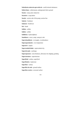 432
Substâncias minerais aproveitáveis - useful mineral substances
Subterrâneo - subterranean, underground, below ground
Sucata - scrap, junk, tramp iron
Sucateiro - scrap dealer
Sucção - suction side of the pump, suction line
Sudeste - Southeast
Sudoeste - Southwest
Sul - South
Sulfato - sulfate
Sulfeto - sulfide
Sulfídrico - hydrosulphuric
Sumidouro - sewer, sump, sump pit, sink
Superabundância - oversupply, overabundance
Superaquecimento - over temperature
Superávit - surplus
Supercondutividade - superconductivity
Superelevação - surcharge
Superespessura - extra thickness, allowance for chipping, grinding
Superestrutura - superstructure
Superficial - surface, superficial
Superficiário - landowner
Superfície - surface
Superfície do solo - ground surface
Superfície erosiva - erosional surface
 