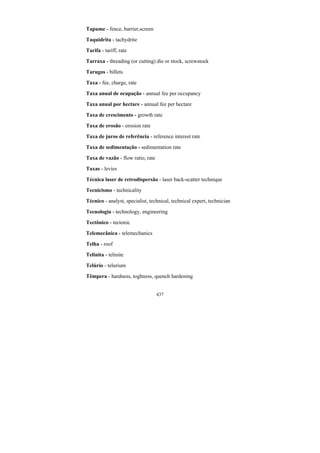 437
Tapume - fence, barrier,screen
Taquidrita - tachydrite
Tarifa - tariff, rate
Tarraxa - threading (or cutting) die or stock, screwstock
Tarugos - billets
Taxa - fee, charge, rate
Taxa anual de ocupação - annual fee per occupancy
Taxa anual por hectare - annual fee per hectare
Taxa de crescimento - growth rate
Taxa de erosão - erosion rate
Taxa de juros de referência - reference interest rate
Taxa de sedimentação - sedimentation rate
Taxa de vazão - flow ratio, rate
Taxas - levies
Técnica laser de retrodispersão - laser back-scatter technique
Tecnicismo - technicality
Técnico - analyst, specialist, technical, technical expert, technician
Tecnologia - technology, engineering
Tectônico - tectonic
Telemecânica - telemechanics
Telha - roof
Telinita - telinite
Telúrio - telurium
Têmpera - hardness, toghness, quench hardening
 