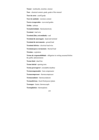 439
Tensor - turnbuckle, stretcher, strainer
Teor - chemical content, grade, grade of the mineral
Teor de corte - cutoff grade
Teor de umidade - moisture content
Teores recuperados - recovered grades
Térbio - terbium
Termeletricidade - thermoelectricity
Terminal - lead wire
Terminal (fim, extremidade) - end
Terminal de ancoragem - dead-end terminal
Terminal de aterramento - ground lead
Terminal elétrico - electrical lead wire
Terminal para o termostato - thermal lead
Término - expiration
Termo de responsabilidade - obligation in writing assumed before
the public administration
Termo fatal - dead line
Termo inicial - opening term
Termo prorrogável - extendable deadline
Termocompensador - heat compensator
Termocompressor - thermocompressor
Termocondutor - thermoconductor
Termoelétricas - fossil-fired power plants
Termopar - heater, thermocouple
Termoplástico - thermoplastic
 