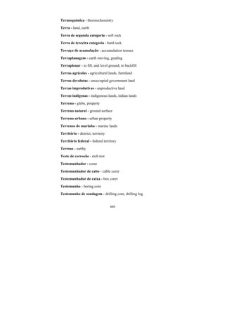 440
Termoquímica - thermochemistry
Terra - land, earth
Terra de segunda categoria - soft rock
Terra de terceira categoria - hard rock
Terraço de acumulação - accumulation terrace
Terraplanagem - earth moving, grading
Terraplenar - to fill, and level ground, to backfill
Terras agrícolas - agricultural lands, farmland
Terras devolutas - unoccupied government land
Terras improdutivas - unproductive land
Terras indígenas - indigenous lands, indian lands
Terreno - glebe, property
Terreno natural - ground surface
Terreno urbano - urban property
Terrenos de marinha - marine lands
Território - district, territory
Território federal - federal territory
Terroso - earthy
Teste de corrosão - etch test
Testemunhador - corer
Testemunhador de cabo - cable corer
Testemunhador de caixa - box corer
Testemunho - boring core
Testemunho de sondagem - drilling core, drilling log
 