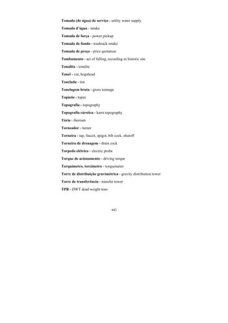 442
Tomada (de água) de serviço - utility water supply
Tomada d’água - intake
Tomada de força - power pickup
Tomada de fundo - trashrack intake
Tomada de preço - price quotation
Tombamento - act of falling, recording as historic site
Tonalita - tonalite
Tonel - vat, hogshead
Tonelada - ton
Tonelagem bruta - gross tonnage
Topázio - topaz
Topografia - topography
Topografia cárstica - karst topography
Tório - thorium
Torneador - turner
Torneira - tap, faucet, spigot, bib cock, shutoff
Torneira de drenagem - drain cock
Torpedo elétrico - electric probe
Torque de acionamento - driving torque
Torquímetro, torcímetro - torquemeter
Torre de distribuição gravimétrica - gravity distribution tower
Torre de transferência - transfer tower
TPB - DWT dead weight tons
 
