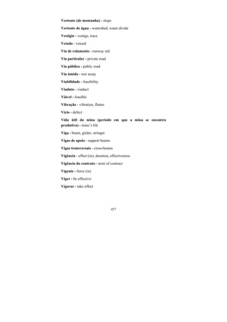 457
Vertente (de montanha) - slope
Vertente de água - watershed, water divide
Vestígio - vestige, trace
Vetado - vetoed
Via de rolamento - runway rail
Via particular - private road
Via pública - public road
Via úmida - wet assay
Viabilidade - feasibility
Viaduto - viaduct
Viável - feasible
Vibração - vibration, flutter
Vício - defect
Vida útil da mina (período em que a mina se encontra
produtiva) - mine’s life
Viga - beam, girder, stringer
Vigas de apoio - support beams
Vigas transversais - cross-beams
Vigência - effect (in), duration, effectiveness
Vigência do contrato - term of contract
Vigente - force (in)
Viger - be effective
Vigorar - take effect
 