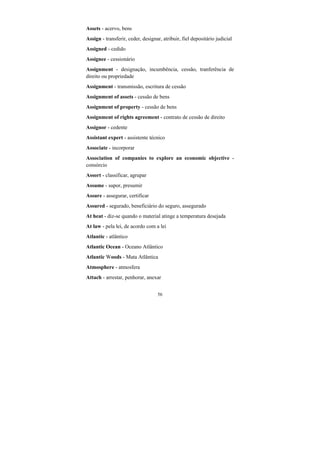 56
Assets - acervo, bens
Assign - transferir, ceder, designar, atribuir, fiel depositário judicial
Assigned - cedido
Assignee - cessionário
Assignment - designação, incumbência, cessão, tranferência de
direito ou propriedade
Assignment - transmissão, escritura de cessão
Assignment of assets - cessão de bens
Assignment of property - cessão de bens
Assignment of rights agreement - contrato de cessão de direito
Assignor - cedente
Assistant expert - assistente técnico
Associate - incorporar
Association of companies to explore an economic objective -
consórcio
Assort - classificar, agrupar
Assume - supor, presumir
Assure - assegurar, certificar
Assured - segurado, beneficiário do seguro, assegurado
At heat - diz-se quando o material atinge a temperatura desejada
At law - pela lei, de acordo com a lei
Atlantic - atlântico
Atlantic Ocean - Oceano Atlântico
Atlantic Woods - Mata Atlântica
Atmosphere - atmosfera
Attach - arrestar, penhorar, anexar
 