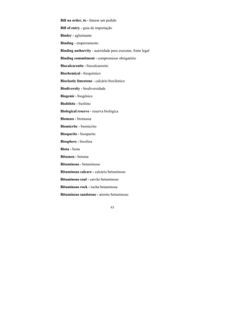 63
Bill na order, to - faturar um pedido
Bill of entry - guia de importação
Binder - aglutinante
Binding - emperramento
Binding authorrity - autoridade para executar, fonte legal
Binding commitment - compromisso obrigatório
Biocalcarenite - biocalcarenito
Biochemical - bioquímico
Bioclastic limestone - calcário bioclástico
Biodiversity - biodiversidade
Biogenic - biogênico
Biolithite - biolitito
Biological reserve - reserva biológica
Biomass - biomassa
Biomicrite - biomicrito
Biosparite - biosparito
Biosphere - biosfera
Biota - biota
Bitumen - betume
Bituminous - betuminoso
Bituminous calcare - calcário betuminoso
Bituminous coal - carvão betuminoso
Bituminous rock - rocha betuminosa
Bituminous sandstone - arenito betuminoso
 