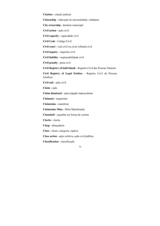 73
Citation - citação judicial
Citizenship - indicação de nacionalidade, cidadania
City ownership - domínio municipal
Civil action - ação civil
Civil capacity - capacidade civil
Civil Code - Código Civil
Civil court - vara civil ou cível, tribunal civil
Civil inquiry - inquérito civil
Civil liability - responsabilidade civil
Civil penalty - pena civil
Civil Registry of Individuals - Registro Civil das Pessoas Naturais
Civil Registry of Legal Entities - Registro Civil de Pessoas
Jurídicas
Civil suit - ação civil
Claim - ação
Claim dismissed - ação julgada improcedente
Claimant - requerente
Claimstake - manifesto
Claimstake Mine - Mina Manifestada
Clamshell - caçamba em forma de concha
Clarite - clarita
Clasp - abraçadeira
Class - classe, categoria, espécie
Class action - ação coletiva, ação civil pública
Classification - classificação
 