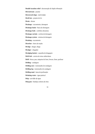 94
Doublé taxation relief - desoneração de dupla tributação
Downstream - jusante
Downward slope - declividade
Draft law - projeto de lei
Drain - drenar
Drainage - escoamento, drenagem
Drainage basin - bacia de drenagem
Drainage beds - colchões drenantes
Drainage curtain - cortina de drenagem
Drainage system - sistema de drenagem
Draining - escoamento
Drawbar - barra de tração
Dredge - dragar, draga
Dredger - dragador
Dredging bucket - caçamba de dragagem
Drift belt - correia de mina subterrânea
Drill - broca, pua, máquina de furar, brocar, furar, perfurar
Drilling - sondagem
Drilling core - testemunho de sondagem
Drilling log - testemunho de sondagem
Drilling mud - lama de perfuração
Drinking water - água potável
Drip - servidão de água
Drip pan - bandeja coletora de óleo
 