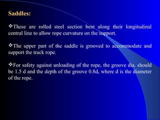 Saddles:

These are rolled steel section bent along their longitudinal
central line to allow rope curvature on the support.

The upper part of the saddle is grooved to accommodate and
support the track rope.

For safety against unloading of the rope, the groove dia. should
be 1.5 d and the depth of the groove 0.8d, where d is the diameter
of the rope.
 