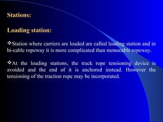 Stations:

Loading station:
Station where carriers are loaded are called loading station and in
bi-cable ropeway it is more complicated than monocable ropeway.

At the loading stations, the track rope tensioning device is
avoided and the end of it is anchored instead. However the
tensioning of the traction rope may be incorporated.
 