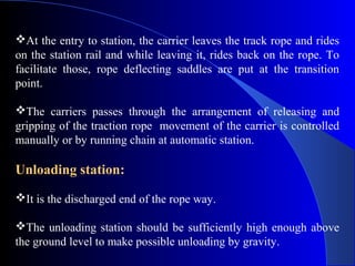 At the entry to station, the carrier leaves the track rope and rides
on the station rail and while leaving it, rides back on the rope. To
facilitate those, rope deflecting saddles are put at the transition
point.

The carriers passes through the arrangement of releasing and
gripping of the traction rope movement of the carrier is controlled
manually or by running chain at automatic station.

Unloading station:

It is the discharged end of the rope way.

The unloading station should be sufficiently high enough above
the ground level to make possible unloading by gravity.
 