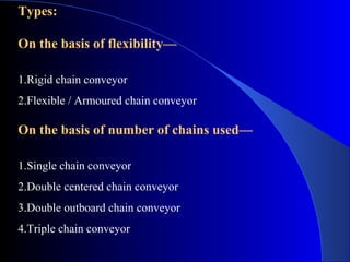 Types:

On the basis of flexibility—

1.Rigid chain conveyor
2.Flexible / Armoured chain conveyor

On the basis of number of chains used—

1.Single chain conveyor
2.Double centered chain conveyor
3.Double outboard chain conveyor
4.Triple chain conveyor
 