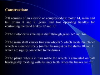 Construction:

It consists of an electric or compressed-air motor 14, main and
tail drums 8 and 9, gears, and two operating handles for
controlling the band brakes 12 and 13.

The motor drives the main shaft through gears 1-2 and 3-4.

The main shaft carries two sun wheels 5 which rotate the planet
wheels 6 mounted freely (on ball bearings) on the shafts 10 and 11
which are rigidly connected to the drums.

The planet wheels in turn rotate the wheels 7 (mounted on ball
bearings) by meshing with its inner teeth, when the brakes are off.
 
