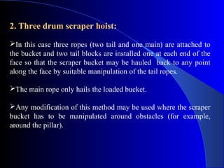 2. Three drum scraper hoist:
In this case three ropes (two tail and one main) are attached to
the bucket and two tail blocks are installed one at each end of the
face so that the scraper bucket may be hauled back to any point
along the face by suitable manipulation of the tail ropes.

The main rope only hails the loaded bucket.

Any modification of this method may be used where the scraper
bucket has to be manipulated around obstacles (for example,
around the pillar).
 