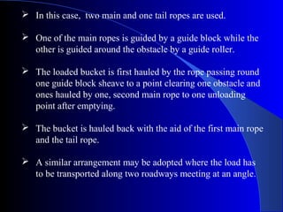  In this case, two main and one tail ropes are used.

 One of the main ropes is guided by a guide block while the
  other is guided around the obstacle by a guide roller.

 The loaded bucket is first hauled by the rope passing round
  one guide block sheave to a point clearing one obstacle and
  ones hauled by one, second main rope to one unloading
  point after emptying.

 The bucket is hauled back with the aid of the first main rope
  and the tail rope.

 A similar arrangement may be adopted where the load has
  to be transported along two roadways meeting at an angle.
 