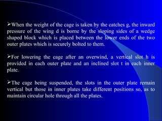 When the weight of the cage is taken by the catches g, the inward
pressure of the wing d is borne by the sloping sides of a wedge
shaped block which is placed between the lower ends of the two
outer plates which is securely bolted to them.

For lowering the cage after an overwind, a vertical slot h is
provided in each outer plate and an inclined slot t in each inner
plate.

The cage being suspended, the slots in the outer plate remain
vertical but those in inner plates take different positions so, as to
maintain circular hole through all the plates.
 