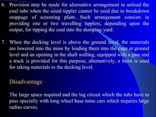 6. Provision may be made for alternative arrangement to unload the
   coal tubs when the usual tippler cannot be used due to breakdown
   stoppage of screening plant. Such arrangement consists in
   providing one or two travelling tipplers, depending upon the
   output, for tipping the coal into the dumping yard.

7. When the decking level is above the ground level, the materials
   are lowered into the mine by loading them into the cage at ground
   level and an opening in the shaft walling, equipped with a gate and
   a track is provided for this purpose, alternatively, a hoist is used
   for taking materials to the decking level.

   Disadvantage

   The large space required and the log circuit which the tubs have to
   pass specially with long wheel base mine cars which requires large
   radius curves.
 