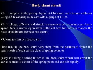Back shunt circuit

It is adopted in the pit-top layout at Chinakuri and Girmint colleries
using 3.5 te capacity mine cars with a gauge of 1.1 m.

It is cheap, efficient and simple arrangement of reversing cars, but a
spaced feed is necessary to allow sufficient time for each car to clear the
back-shunt before the next one enters.

Clearance can be speeded up :

(i)by making the back-shunt very steep from the position at which the
rear wheels of each car are clear of spring point, or

(ii)by installing a spring buffer in the back-shunt which will arrest the
car as soon as it is clear of the spring point and expel it rapidly.
 