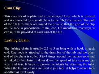 Cam Clip:

This consists of a plate and a cam-shaped lever which is pivoted
and is connected by a small chain to the tub to be hauled. The pull
of the tub turns the lever around the pivot so that the grip of the clip
on the rope is proportional to the load. On undulating roadways, a
clip must be provided at each end of the tub .

Lashing Chain:

The lashing chain is usually 2.5 to 3 m long with a hook at each
end. One hook is attached to the draw bar of the tub and the other
end of the chain is coiled 3 to 4 times around the haulage rope and
is linked to the chain. It slows down the speed of tubs causing less
wear and tear. It helps to prevent accidents by derailing the tubs.
When the lashing chains are used to join tubs, it helps to attach tubs
at different level easily .
 