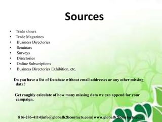 Sources
• Trade shows
• Trade Magazines
• Business Directories
• Seminars
• Surveys
• Directories
• Online Subscriptions
• Business Directories Exhibition, etc.
Do you have a list of Database without email addresses or any other missing
data?
Get roughly calculate of how many missing data we can append for your
campaign.
816-286-4114|info@globalb2bcontacts.com| www.globalb2bcontacts.com
 