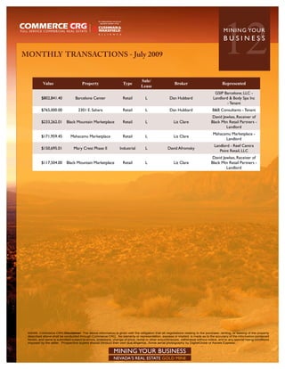 MONTHLY TRANSACTIONS - July 2009                                                                                                          12
                                                                                                                                           MININ G YO U R
                                                                                                                                           BUSINESS




                                                                                 Sale/
           Value                       Property                     Type                                Broker                            Represented
                                                                                 Lease
                                                                                                                                     GSIP Barcelone, LLC -
          $802,841.40             Barcelone Center                  Retail          L                Dan Hubbard                    Landlord & Body Spa Inc
                                                                                                                                            - Tenant
          $765,000.00               2301 E. Sahara                  Retail          L                Dan Hubbard                   B&B Consultants - Tenant
                                                                                                                                   David Jewkes, Receiver of
          $233,262.01       Black Mountain Marketplace              Retail          L                   Liz Clare                 Black Mtn Retail Partners -
                                                                                                                                           Landlord
                                                                                                                                    Mahacamu Marketplace -
          $171,959.45          Mahacamu Marketplace                 Retail          L                   Liz Clare
                                                                                                                                          Landlord
                                                                                                                                     Landlord - Reef Centra
          $150,695.01            Mary Crest Phase II              Industrial        L               David Afromsky
                                                                                                                                        Point Retail, LLC
                                                                                                                                   David Jewkes, Receiver of
          $117,504.00       Black Mountain Marketplace              Retail          L                   Liz Clare                 Black Mtn Retail Partners -
                                                                                                                                           Landlord




 ©2009, Commerce CRG.Disclaimer: The above information is given with the obligation that all negotiations relating to the purchase, renting, or leasing of the property
 described above shall be conducted through Commerce CRG. No warranty or representation, express or implied, is made as to the accuracy of the information contained
 herein, and same is submitted subject to errors, omissions, change of price, rental or other encumbrances, withdrawal without notice, and to any special listing conditions
 imposed by the seller. Prospective buyers should conduct their own due diligence. Some aerial photography by DigitalGlobe or Aerials Express.


                                                             MINING YOUR BUSINESS
                                                             NEVADA’S REAL ESTATE GOLD MINE
 