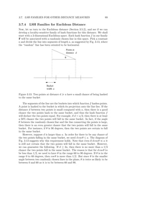 3.7. LSH FAMILIES FOR OTHER DISTANCE MEASURES                                  89

3.7.4    LSH Families for Euclidean Distance
Now, let us turn to the Euclidean distance (Section 3.5.2), and see if we can
develop a locality-sensitive family of hash functions for this distance. We shall
start with a 2-dimensional Euclidean space. Each hash function f in our family
F will be associated with a randomly chosen line in this space. Pick a constant
a and divide the line into segments of length a, as suggested by Fig. 3.13, where
the “random” line has been oriented to be horizontal.
                                           Points at
                                           distance d

                                          θ




                         Bucket
                         width a

Figure 3.13: Two points at distance d ≫ a have a small chance of being hashed
to the same bucket

    The segments of the line are the buckets into which function f hashes points.
A point is hashed to the bucket in which its projection onto the line lies. If the
distance d between two points is small compared with a, then there is a good
chance the two points hash to the same bucket, and thus the hash function f
will declare the two points equal. For example, if d = a/2, then there is at least
a 50% chance the two points will fall in the same bucket. In fact, if the angle
θ between the randomly chosen line and the line connecting the points is large,
then there is an even greater chance that the two points will fall in the same
bucket. For instance, if θ is 90 degrees, then the two points are certain to fall
in the same bucket.
    However, suppose d is larger than a. In order for there to be any chance of
the two points falling in the same bucket, we need d cos θ ≤ a. The diagram of
Fig. 3.13 suggests why this requirement holds. Note that even if d cos θ ≪ a it
is still not certain that the two points will fall in the same bucket. However,
we can guarantee the following. If d ≥ 2a, then there is no more than a 1/3
chance the two points fall in the same bucket. The reason is that for d cos θ to
be less than 1/2, we need to have θ in the range 60 to 90 degrees. If θ is in the
range 0 to 60 degrees, then cos θ is more than 1/2. But since θ is the smaller
angle between two randomly chosen lines in the plane, θ is twice as likely to be
between 0 and 60 as it is to be between 60 and 90.
 