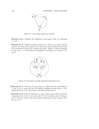 158                                           CHAPTER 5. LINK ANALYSIS


                                  a                b




                                           c


                    Figure 5.7: An example graph for exercises


  Exercise 5.1.2 : Compute the PageRank of each page in Fig. 5.7, assuming
  β = 0.8.

! Exercise 5.1.3 : Suppose the Web consists of a clique (set of nodes with all
  possible arcs from one to another) of n nodes and a single additional node that
  is the successor of each of the n nodes in the clique. Figure 5.8 shows this graph
  for the case n = 4. Determine the PageRank of each page, as a function of n
  and β.




            Figure 5.8: Example of graphs discussed in Exercise 5.1.3


!! Exercise 5.1.4 : Construct, for any integer n, a Web such that, depending on
   β, any of the n nodes can have the highest PageRank among those n. It is
   allowed for there to be other nodes in the Web besides these n.

! Exercise 5.1.5 : Show by induction on n that if the second, third, and fourth
  components of a vector v are equal, and M is the transition matrix of Exam-
  ple 5.1, then the second, third, and fourth components are also equal in M n v
  for any n ≥ 0.
 