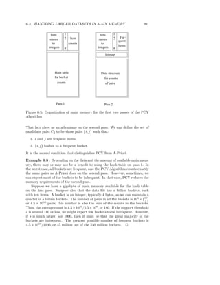 6.3. HANDLING LARGER DATASETS IN MAIN MEMORY                                  201


                 Item     1                       Item        1
                          2      Item                         2    Fre−
                names                            names
                                                                  quent
                   to           counts              to
                                                                  items
               integers   n                     integers      n
                                                     Bitmap




                   Hash table                     Data strucrure
                   for bucket                        for counts
                     counts                           of pairs




                    Pass 1                           Pass 2

Figure 6.5: Organization of main memory for the ﬁrst two passes of the PCY
Algorithm


That fact gives us an advantage on the second pass. We can deﬁne the set of
candidate pairs C2 to be those pairs {i, j} such that:

  1. i and j are frequent items.
  2. {i, j} hashes to a frequent bucket.

It is the second condition that distinguishes PCY from A-Priori.

Example 6.9 : Depending on the data and the amount of available main mem-
ory, there may or may not be a beneﬁt to using the hash table on pass 1. In
the worst case, all buckets are frequent, and the PCY Algorithm counts exactly
the same pairs as A-Priori does on the second pass. However, sometimes, we
can expect most of the buckets to be infrequent. In that case, PCY reduces the
memory requirements of the second pass.
    Suppose we have a gigabyte of main memory available for the hash table
on the ﬁrst pass. Suppose also that the data ﬁle has a billion baskets, each
with ten items. A bucket is an integer, typically 4 bytes, so we can maintain a
quarter of a billion buckets. The number of pairs in all the baskets is 109 × 102
or 4.5 × 1010 pairs; this number is also the sum of the counts in the buckets.
Thus, the average count is 4.5 × 1010 /2.5 × 108, or 180. If the support threshold
s is around 180 or less, we might expect few buckets to be infrequent. However,
if s is much larger, say 1000, then it must be that the great majority of the
buckets are infrequent. The greatest possible number of frequent buckets is
4.5 × 1010 /1000, or 45 million out of the 250 million buckets. 2
 