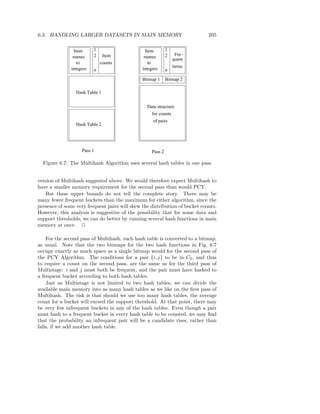6.3. HANDLING LARGER DATASETS IN MAIN MEMORY                                 205


                 Item     1                      Item        1
                          2     Item                         2    Fre−
                names                           names
                                                                 quent
                   to         counts               to
                                                                 items
               integers   n                    integers      n
                                               Bitmap 1      Bitmap 2

                 Hash Table 1

                                                 Data strucrure
                                                    for counts
                                                     of pairs
                 Hash Table 2




                    Pass 1                          Pass 2

  Figure 6.7: The Multihash Algorithm uses several hash tables in one pass


version of Multihash suggested above. We would therefore expect Multihash to
have a smaller memory requirement for the second pass than would PCY.
   But these upper bounds do not tell the complete story. There may be
many fewer frequent buckets than the maximum for either algorithm, since the
presence of some very frequent pairs will skew the distribution of bucket counts.
However, this analysis is suggestive of the possibility that for some data and
support thresholds, we can do better by running several hash functions in main
memory at once. 2

    For the second pass of Multihash, each hash table is converted to a bitmap,
as usual. Note that the two bitmaps for the two hash functions in Fig. 6.7
occupy exactly as much space as a single bitmap would for the second pass of
the PCY Algorithm. The conditions for a pair {i, j} to be in C2 , and thus
to require a count on the second pass, are the same as for the third pass of
Multistage: i and j must both be frequent, and the pair must have hashed to
a frequent bucket according to both hash tables.
    Just as Multistage is not limited to two hash tables, we can divide the
available main memory into as many hash tables as we like on the ﬁrst pass of
Multihash. The risk is that should we use too many hash tables, the average
count for a bucket will exceed the support threshold. At that point, there may
be very few infrequent buckets in any of the hash tables. Even though a pair
must hash to a frequent bucket in every hash table to be counted, we may ﬁnd
that the probability an infrequent pair will be a candidate rises, rather than
falls, if we add another hash table.
 