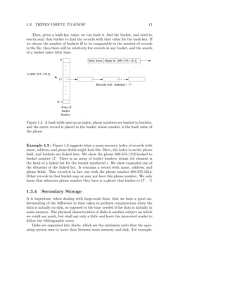 1.3. THINGS USEFUL TO KNOW                                                       11

    Then, given a hash-key value, we can hash it, ﬁnd the bucket, and need to
search only that bucket to ﬁnd the records with that value for the hash-key. If
we choose the number of buckets B to be comparable to the number of records
in the ﬁle, then there will be relatively few records in any bucket, and the search
of a bucket takes little time.
                      0                  Sally Jones Maple St 800−555−1212
                           .
                           .
h (800−555−1212)           .
                     17

                           .                  Records with h(phone) = 17
                           .
                           .

                    B −1
                       Array of
                       bucket
                       headers

Figure 1.2: A hash table used as an index; phone numbers are hashed to buckets,
and the entire record is placed in the bucket whose number is the hash value of
the phone


Example 1.5 : Figure 1.2 suggests what a main-memory index of records with
name, address, and phone ﬁelds might look like. Here, the index is on the phone
ﬁeld, and buckets are linked lists. We show the phone 800-555-1212 hashed to
bucket number 17. There is an array of bucket headers, whose ith element is
the head of a linked list for the bucket numbered i. We show expanded one of
the elements of the linked list. It contains a record with name, address, and
phone ﬁelds. This record is in fact one with the phone number 800-555-1212.
Other records in that bucket may or may not have this phone number. We only
know that whatever phone number they have is a phone that hashes to 17. 2


1.3.4     Secondary Storage
It is important, when dealing with large-scale data, that we have a good un-
derstanding of the diﬀerence in time taken to perform computations when the
data is initially on disk, as opposed to the time needed if the data is initially in
main memory. The physical characteristics of disks is another subject on which
we could say much, but shall say only a little and leave the interested reader to
follow the bibliographic notes.
    Disks are organized into blocks, which are the minimum units that the oper-
ating system uses to move data between main memory and disk. For example,
 