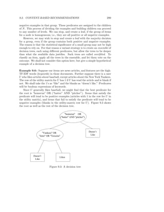9.2. CONTENT-BASED RECOMMENDATIONS                                             299

negative examples in that group. These predicates are assigned to the children
of N . This process of dividing the examples and building children can proceed
to any number of levels. We can stop, and create a leaf, if the group of items
for a node is homogeneous; i.e., they are all positive or all negative examples.
    However, we may wish to stop and create a leaf with the majority decision
for a group, even if the group contains both positive and negative examples.
The reason is that the statistical signiﬁcance of a small group may not be high
enough to rely on. For that reason a variant strategy is to create an ensemble of
decision trees, each using diﬀerent predicates, but allow the trees to be deeper
than what the available data justiﬁes. Such trees are called overﬁtted. To
classify an item, apply all the trees in the ensemble, and let them vote on the
outcome. We shall not consider this option here, but give a simple hypothetical
example of a decision tree.

Example 9.6 : Suppose our items are news articles, and features are the high-
TF.IDF words (keywords) in those documents. Further suppose there is a user
U who likes articles about baseball, except articles about the New York Yankees.
The row of the utility matrix for U has 1 if U has read the article and is blank if
not. We shall take the 1’s as “like” and the blanks as “doesn’t like.” Predicates
will be boolean expressions of keywords.
    Since U generally likes baseball, we might ﬁnd that the best predicate for
the root is “homerun” OR (“batter” AND “pitcher”). Items that satisfy the
predicate will tend to be positive examples (articles with 1 in the row for U in
the utility matrix), and items that fail to satisfy the predicate will tend to be
negative examples (blanks in the utility-matrix row for U ). Figure 9.3 shows
the root as well as the rest of the decision tree.


                                             "homerun" OR
                                         ("batter" AND "pitcher")




                                                                    Doesn’t
                    "Yankees" OR
                                                                     Like
                 "Jeter" OR "Teixeira"




            Doesn’t                  Likes
             Like


                           Figure 9.3: A decision tree
 