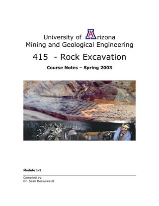 University of    rizona
 Mining and Geological Engineering

      415 - Rock Excavation
               Course Notes – Spring 2003




Module 1-5

Compiled by:
Dr. Sean Dessureault
 