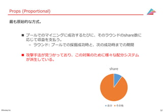 12©Gunosy Inc.
Props (Proportional)
 プールでのマイニングに成功するたびに、そのラウンドのshare数に
応じて収益を支払う。
– ラウンド: プールでの採掘成功時と、次の成功時までの期間
 攻撃手法が見つかっており、この対策のために様々な配分システム
が派生している。
最も原始的な方式。
share
自分 その他
 