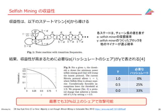28©Gunosy Inc.
Selfish Mining の収益性
収益性は、以下のステートマシン[4]から導ける
[4I ttay Eyal, Emin G¨un Sirer: Majority is not Enough: Bitcoin Mining is Vulnerable (Nov 2013) https://arxiv.org/pdf/1311.0243.pdf
結果、収益性が高まるために必要なα(ハッシュレートのシェア)がγで表される[4]
各ステートは、チェーン長の差を表す
α：selfish minerの採掘確率
γ: selfish minerのつくったブロックを
他のマイナーが選ぶ確率
γ
必要な
ハッシュレート
1.0 0%
0.5 25%
0.0 33%
最悪でも33%以上のシェアで攻撃可能
 