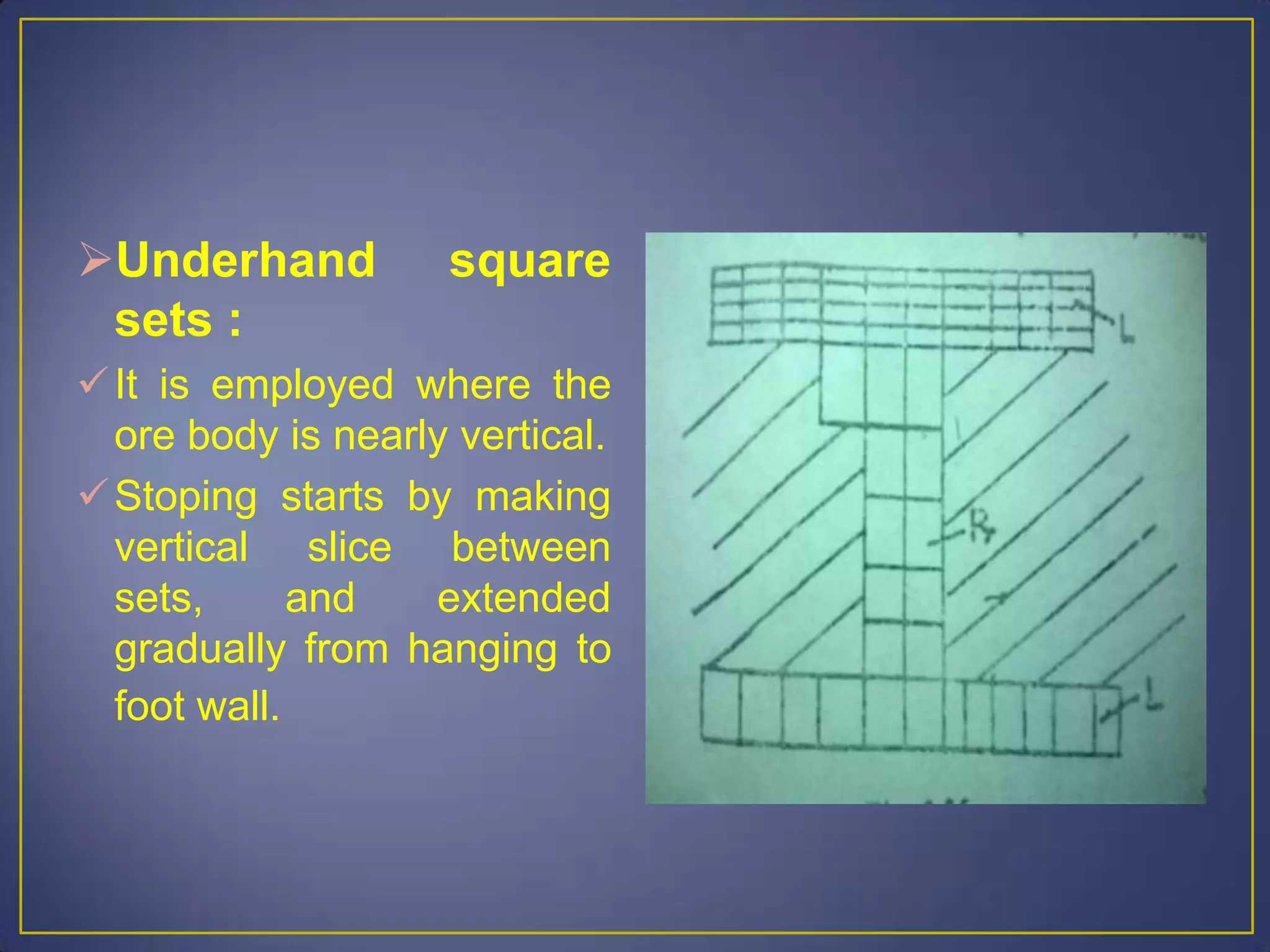 Underhand square
sets :
It is employed where the
ore body is nearly vertical.
Stoping starts by making
vertical slice between
sets, and extended
gradually from hanging to
foot wall.
 