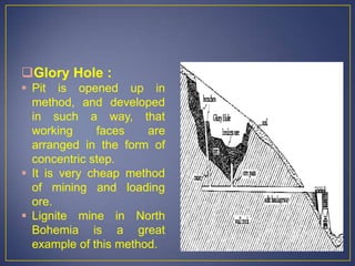 Glory Hole :
 Pit is opened up in
method, and developed
in such a way, that
working faces are
arranged in the form of
concentric step.
 It is very cheap method
of mining and loading
ore.
 Lignite mine in North
Bohemia is a great
example of this method.
 