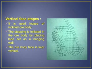 Vertical face stopes :
It is used incase of
inclined ore body.
The stopping is initiated in
the ore body by placing
lead set as a hanging
wall.
The ore body face is kept
vertical.
 