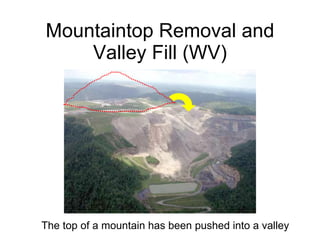 Mountaintop Removal and Valley Fill (WV) The top of a mountain has been pushed into a valley 
