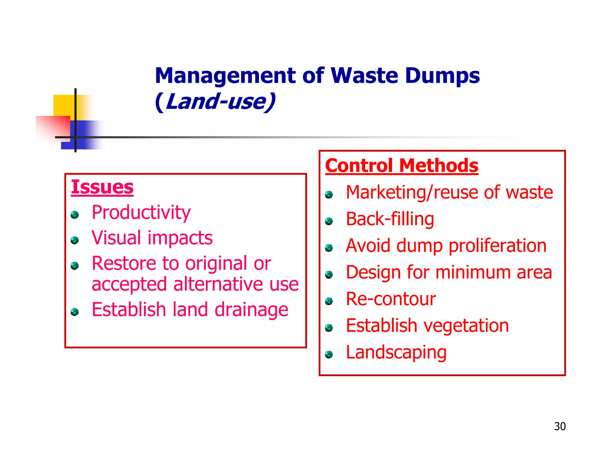 Management of Waste Dumps
         (Land-use)

                             Control Methods
Issues                         Marketing/reuse of waste
  Productivity                 Back-filling
  Visual impacts               Avoid dump proliferation
  Restore to original or       Design for minimum area
  accepted alternative use
                               Re-contour
  Establish land drainage
                               Establish vegetation
                               Landscaping


                                                          30
 