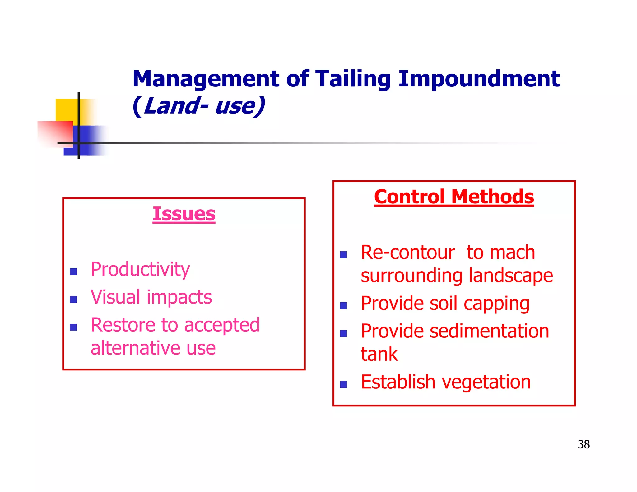 Management of Tailing Impoundment
    (Land- use)


                       Control Methods
      Issues

                      Re-contour to mach
Productivity          surrounding landscape
Visual impacts        Provide soil capping
Restore to accepted   Provide sedimentation
alternative use       tank
                      Establish vegetation


                                              38
 