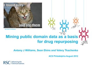 http://tinyurl.com/d6wodsl




  Mining public domain data as a basis
                  for drug repurposing

                    Antony J Williams, Sean Ekins and Valery Tkachenko

                                               ACS Philadelphia August 2012
 