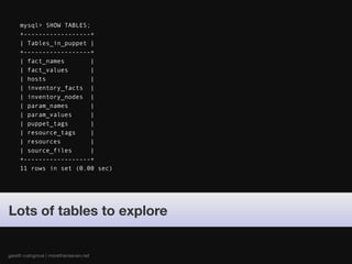 mysql> SHOW TABLES;
     +------------------+
     | Tables_in_puppet |
     +------------------+
     | fact_names        |
     | fact_values       |
     | hosts             |
     | inventory_facts |
     | inventory_nodes |
     | param_names       |
     | param_values      |
     | puppet_tags       |
     | resource_tags     |
     | resources         |
     | source_files      |
     +------------------+
     11 rows in set (0.00 sec)




Lots of tables to explore


gareth rushgrove | morethanseven.net
 