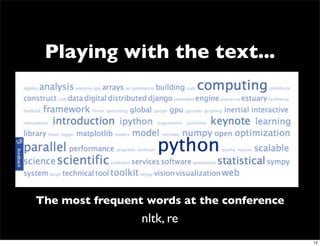Playing with the text...




The most frequent words at the conference
                 nltk, re
                                            12
 