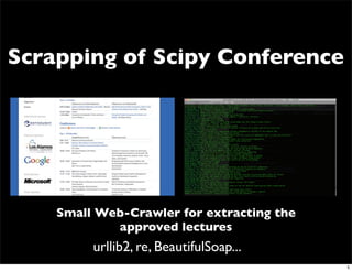 Scrapping of Scipy Conference




    Small Web-Crawler for extracting the
            approved lectures
         urllib2, re, BeautifulSoap...
                                           5
 