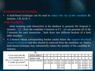 HASH-BASED TECHNIQUE
• A hash-based technique can be used to reduce the size of the candidate K-
itemsets , CK for K>1.
FOR EXAMPLE
when scanning each transaction in the database to generate the frequent I-
itemsets , L1 , from the candidate I-itemsets in C1 , we can generate all of the
2-itemsets for each transaction , hash them into different buckets of a hash
table structure.
• A 2-itemset whose corresponding bucket counts below the support threshold
cannot be frequent and thus should be removed from the candidate set. Such a
hash-based technique may substantially reduce the number of the candidate K-
itemsets.
 