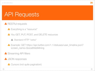 26

API Requests
RESTful requests
Everything is a "resource"
You GET, PUT, POST, and DELETE resources
Standard HTTP "verbs...