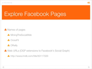 45

Explore Facebook Pages
Names of pages
MiningTheSocialWeb
CrossFit
OReilly

Web URLs (OGP extensions to Facebook's Soci...