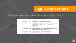 FQL Connections
• See http://developers.facebook.com/docs/reference/fql/connection/




                                     49
 