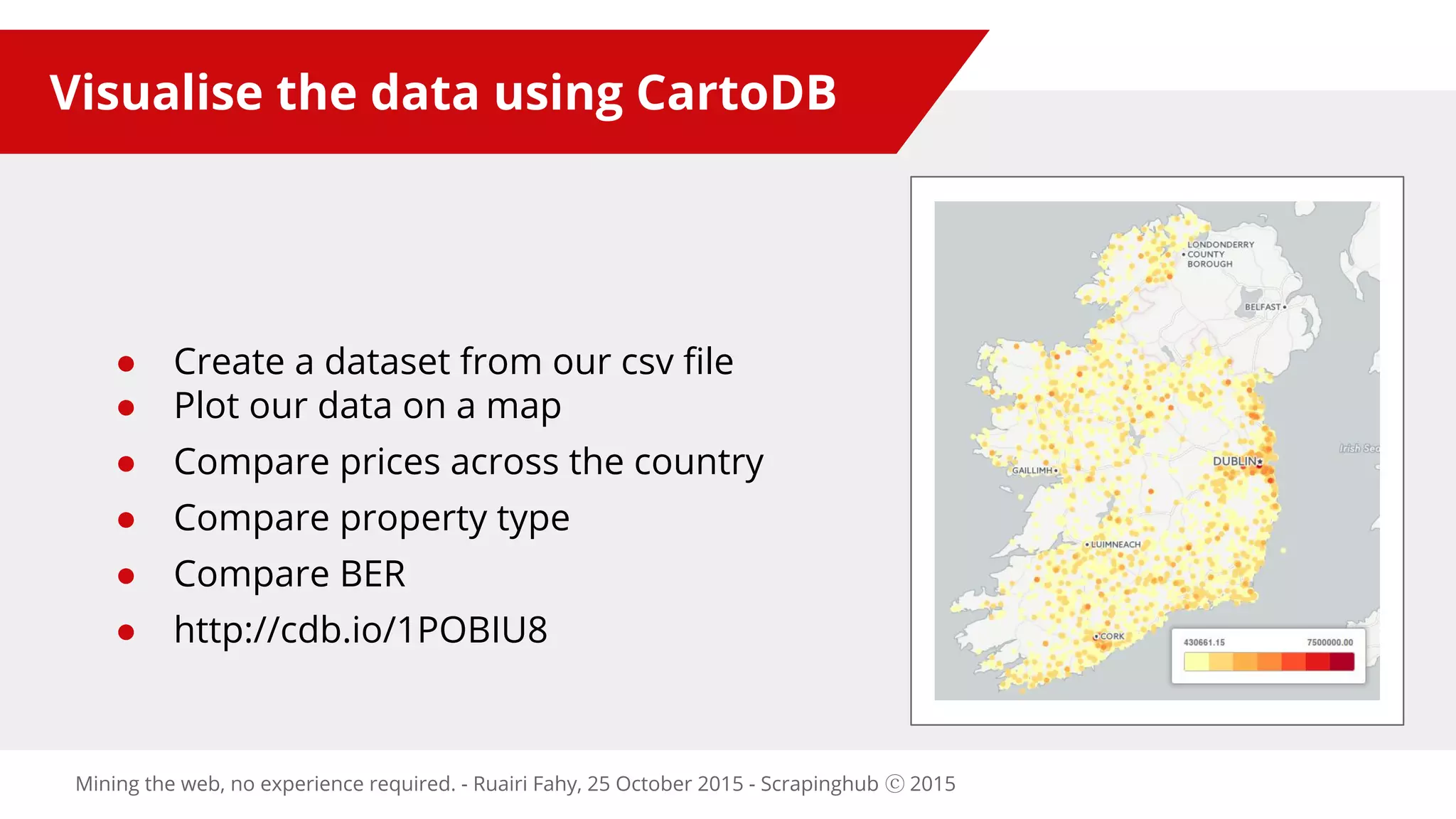Visualise the data using CartoDB
● Create a dataset from our csv file
● Plot our data on a map
● Compare prices across the country
● Compare property type
● Compare BER
● http://cdb.io/1POBIU8
Mining the web, no experience required. - Ruairi Fahy, 25 October 2015 - Scrapinghub ⓒ 2015
 