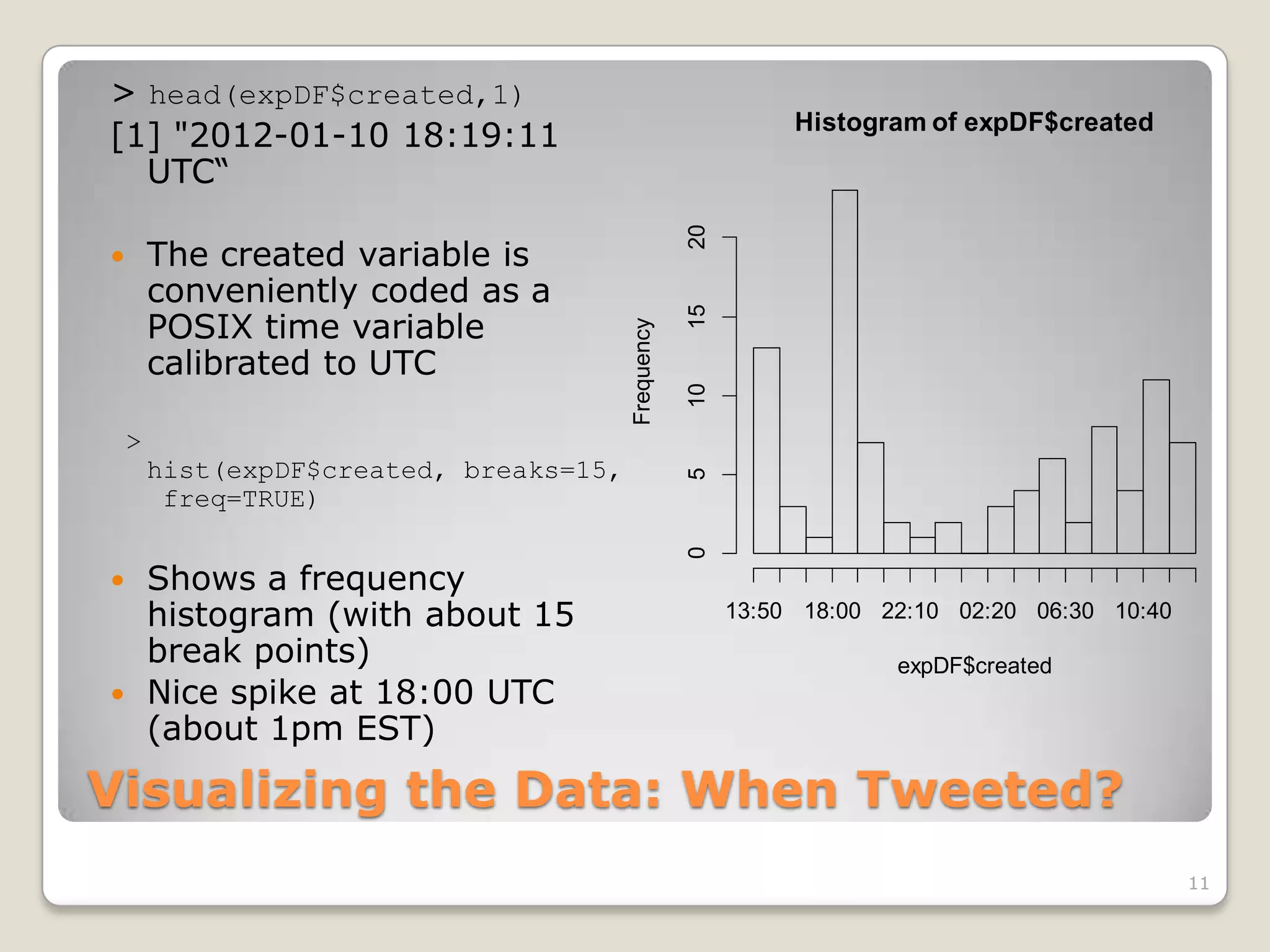 > head(expDF$created,1)
                                                               Histogram of expDF$created
[1] "2012-01-10 18:19:11
  UTC“




                                                     20
       The created variable is
        conveniently coded as a




                                                     15
        POSIX time variable




                                         Frequency
        calibrated to UTC




                                                     10
    >
        hist(expDF$created, breaks=15,




                                                     5
         freq=TRUE)




                                                     0
 Shows a frequency
  histogram (with about 15                                13:50 18:00 22:10 02:20 06:30 10:40
  break points)                                                        expDF$created
 Nice spike at 18:00 UTC
  (about 1pm EST)
Visualizing the Data: When Tweeted?
                                                                                                11
 