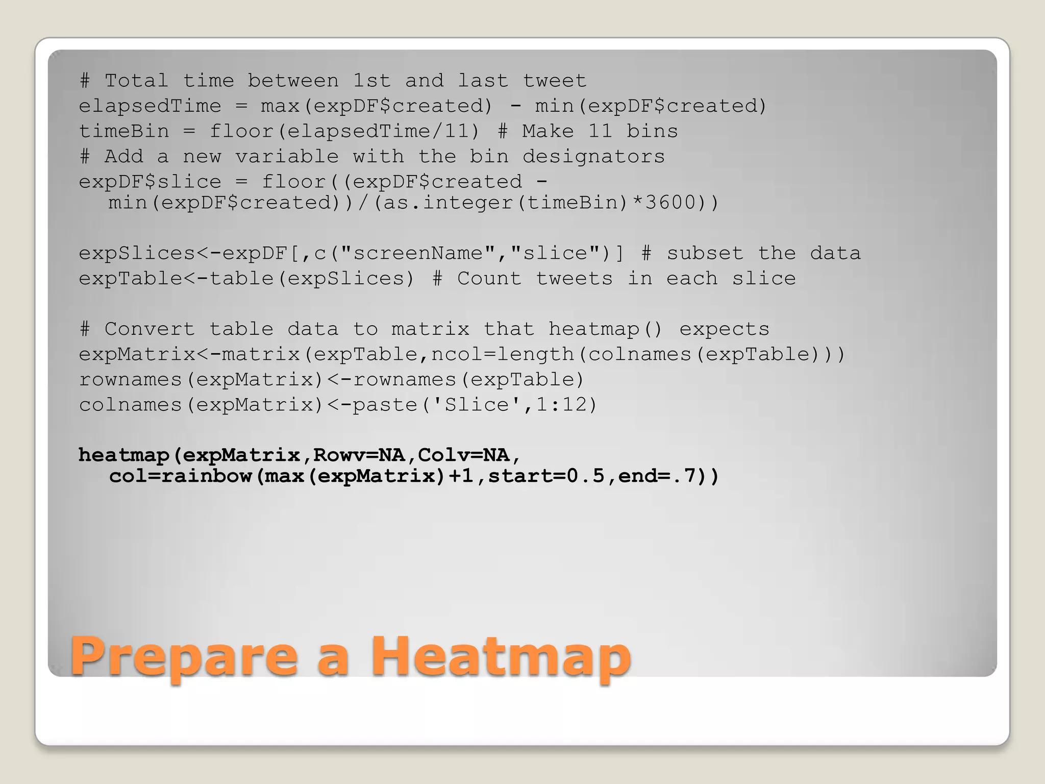 # Total time between 1st and last tweet
elapsedTime = max(expDF$created) - min(expDF$created)
timeBin = floor(elapsedTime/11) # Make 11 bins
# Add a new variable with the bin designators
expDF$slice = floor((expDF$created -
  min(expDF$created))/(as.integer(timeBin)*3600))

expSlices<-expDF[,c("screenName","slice")] # subset the data
expTable<-table(expSlices) # Count tweets in each slice

# Convert table data to matrix that heatmap() expects
expMatrix<-matrix(expTable,ncol=length(colnames(expTable)))
rownames(expMatrix)<-rownames(expTable)
colnames(expMatrix)<-paste('Slice',1:12)

heatmap(expMatrix,Rowv=NA,Colv=NA,
  col=rainbow(max(expMatrix)+1,start=0.5,end=.7))




Prepare a Heatmap
 